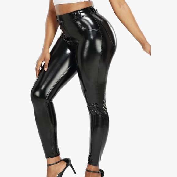 Patent leather vegan vinyl high waisted pants leggings stretch shiny glossy goth - Picture 4 of 5